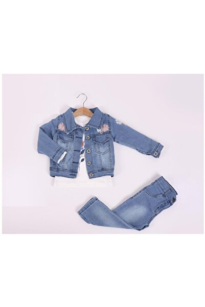 RYZE ÇOCUK Flower Embroidered Two-Thread Sweatshirt and Triple Denim Bottoms Top Set Blue