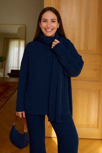 Kirazca Butik Women's Wefted Hair Braided Knitwear Trousers Set