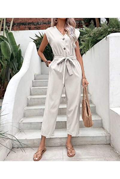 Toridas Linen Women's V-Neck Single-Breasted Sleeveless Jumpsuit