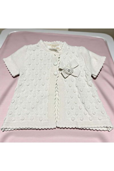 RYZE ÇOCUK Tricot Cardigan with Pompon Collar and Bow Detail Cream
