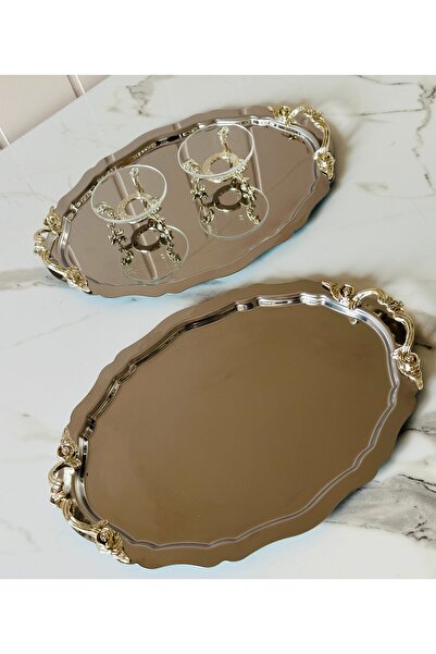 Melinda Lunea 2-Piece Oval Coffee and Promise Tray with Silver Handles - Glass Ring Holder Set (20X25Cm)