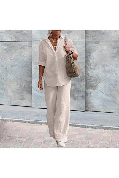 Toridas Comfortable and Casual Linen Ecru Double Set Top and Bottom