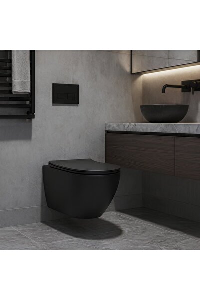 Turavit Rondo Mat Siyah Kanalsız Asma Klozet RND5512B, Rondo Duroplast Yavaş Kapak