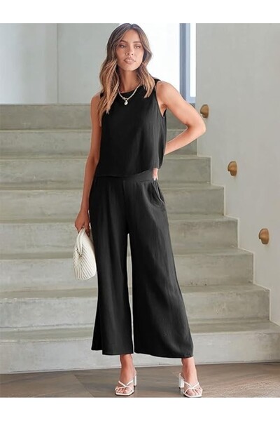 Toridas Keten Yazlık Yüksek Bel Kapri Pantolon Sırt Detaylı Kolsuz İkili Takım