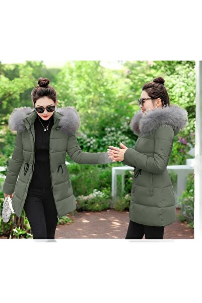 Toridas Medium Length Hooded Fur Khaki Puffer Coat