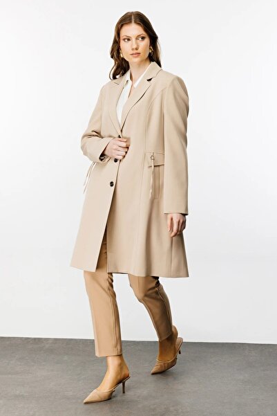 Ekol Plus Size Buttoned Camel Women's Top Coat 24Ekl06542