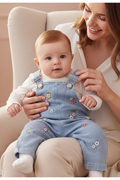 ALTINTAŞ BABY Renkli Çiçek Nakışlı Kot Görünümlü Örme Kumaş Mevsimlik 2li Salopet Set