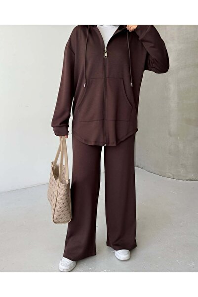 Tarzımızbir Metal Zipper Hoodie Modal Fabric Top and Bottom Set Hijab Coffee Color Suit