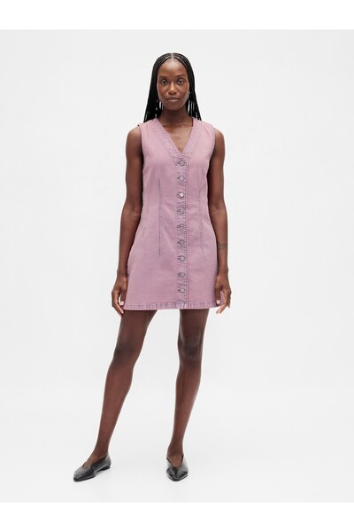 GAP Kadın Pembe Denim V-Yaka Mini Elbise