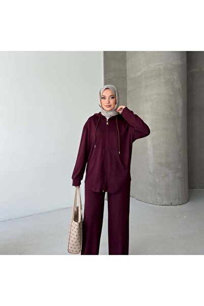 Tarzımızbir Metal Zipper Hoodie Modal Fabric Top and Bottom Set Hijab Coffee Color Suit