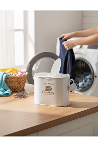 Laundry Metal Iki Bölmeli Kapaklı Ve Ölçekli Deterjan Kutusu 12 Litre Kapasiteli Lr011