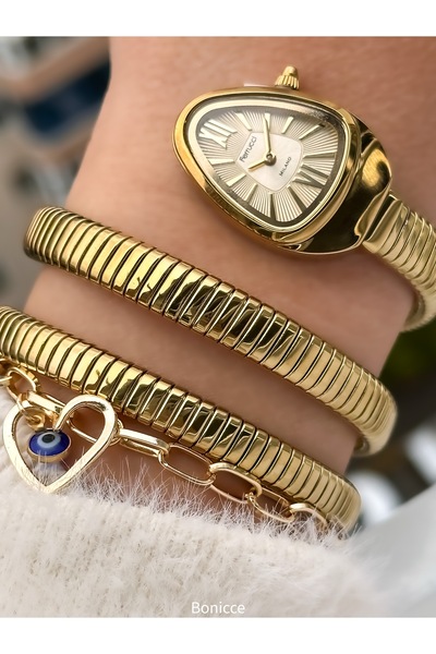 Ferrucci Özel Hediyelik Kutuda Sarı Renk ,Çelik Kordon, Su Geçirmez,Yılan Model Kadın Kol Saati Bileklik