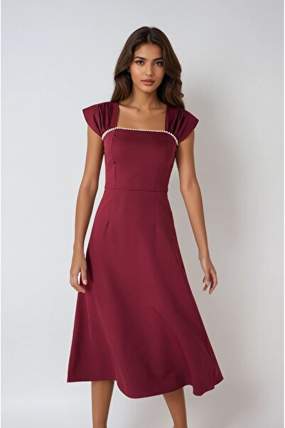 OLSAMODA KADIN YAKASI İNCİ DETAYLI ATLAS KUMAŞ MİDİ BOY DÜĞÜN NİŞAN SÖZ DAVET ELBİSESİ