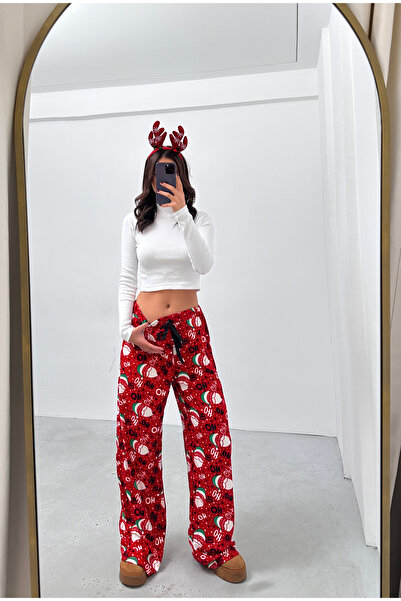 New Now Christmas Daddy Pattern, Suede Fabric, High Waist, Elastic Waist Band, Lace-Up Detail, Loose Pant