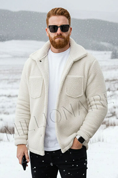 Teenage Millionaire Men's Ecru White Plush Furry Shirt Collar Model Buttoned Jacket Cardigan Coat Sweatshirt Fleece