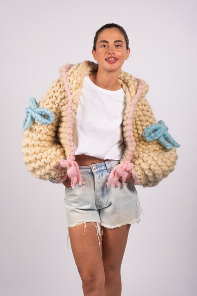 HEYAYS Cotton Candy El Örgüsü Kapüşonlu Hırka