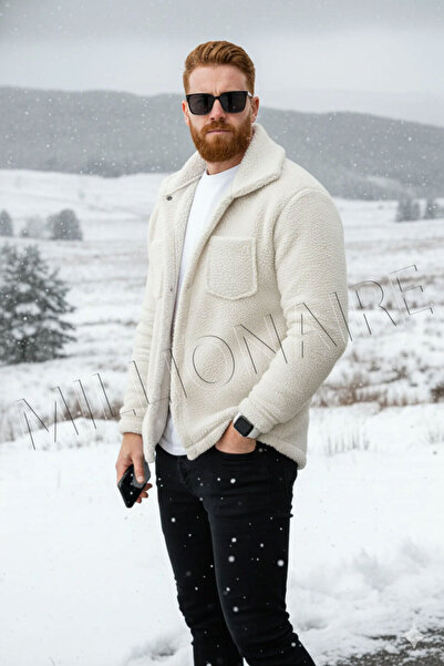 Teenage Millionaire Men's Ecru White Plush Furry Shirt Collar Model Buttoned Jacket Cardigan Coat Sweatshirt Fleece