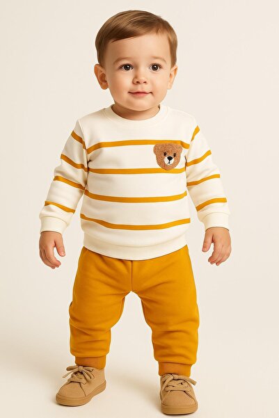 dinamik çocuk Striped Punch Teddy Bear Baby Set with Snap Fasteners on the Shoulder, 2-Piece Bottom and Top, Transitional Months, 3-6-9-12 Months