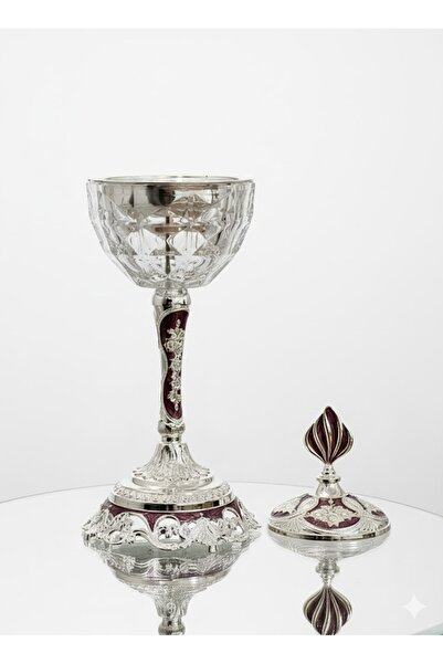 MDK مبخرة بخور كريستالية مرصعة بالفضة ومينا كستنائي. تصميم ملكي وكلاسيكي.