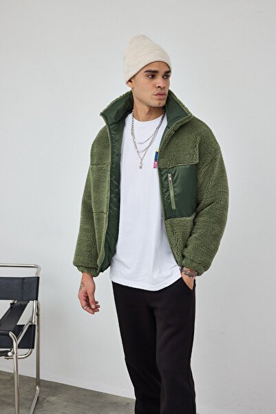 MADZEYMODA Men's Lined Khaki Green Plush Coat Mz86060