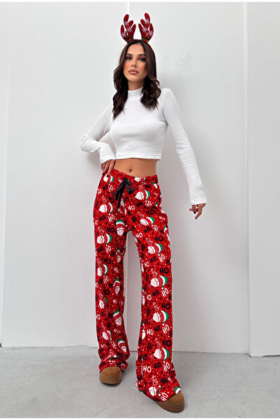 New Now Christmas Daddy Pattern, Suede Fabric, High Waist, Elastic Waist Band, Lace-Up Detail, Loose Pant