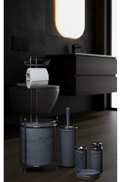 Okyanus Home Στρογγυλή θήκη χαρτιού με μοτίβο από χρωμιωμένο μάρμαρο και σετ μπάνιου 6 τεμαχίων