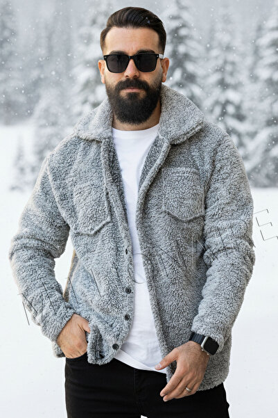 Teenage Millionaire Men's Anthracite Gray Fuzzy Plush Furry Shirt Collar Model Buttoned Jacket Cardigan Coat Sweatshirt Fleece