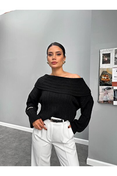 HARMONY GLOBAL Γυναικείο πουλόβερ με λαιμόκοψη ΜΑΥΡΟ