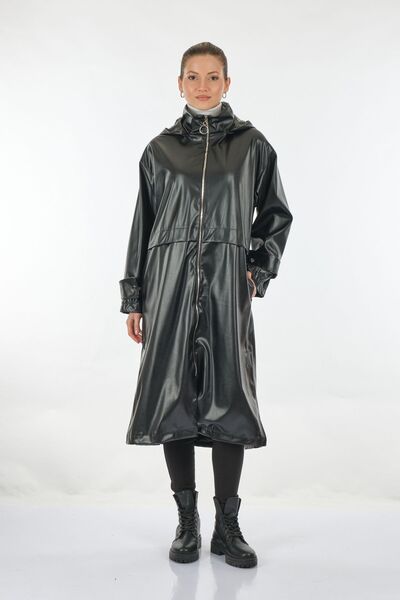 Ysatis Kapüşonlu Yırtmaç Detaylı Uzun Kollu Siyah Kadın Deri Görünümlü Ceket 22231000110