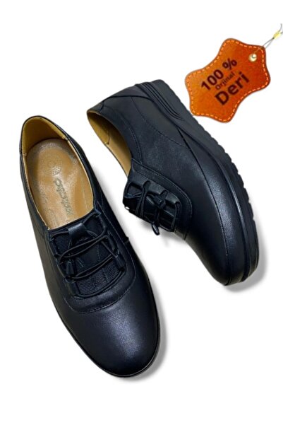 MAGIC SHOES Daily Women's Rubber Laced Black Color Genuine Leather Comfort Full Orthopedic Mother Shoes