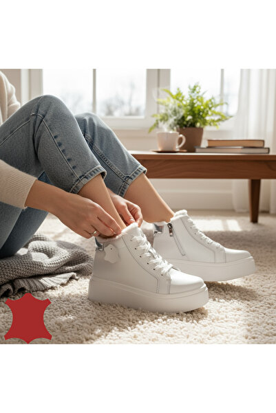 starlike Women's white genuine leather boots with zipper and laces