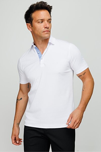 Desen Triko Men's Polo Collar Buttoned Pocket T-shirt White