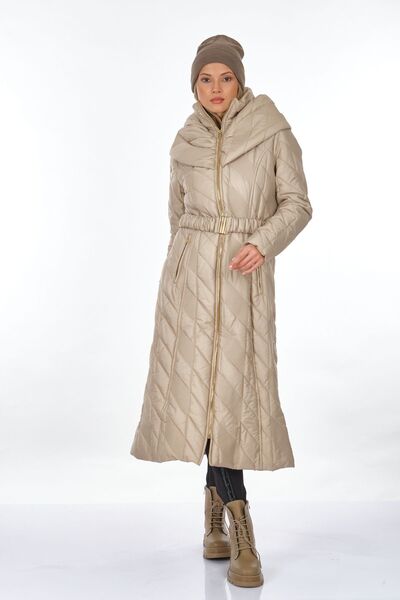 TDEE Concept Oversize Midi Kışlık Kaban - Kuşgözü Detaylı