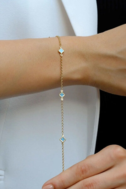 Çgk Çiğdem Gürel Kuyumculuk Kadın Altın Mavi Taşlı Dört Yapraklı Yonca Bilekl...