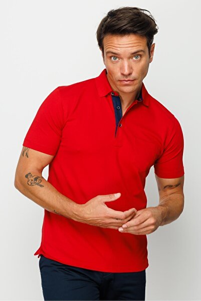 Desen Triko Ανδρικό μπλουζάκι πόλο με κουμπιά τσέπης κόκκινο