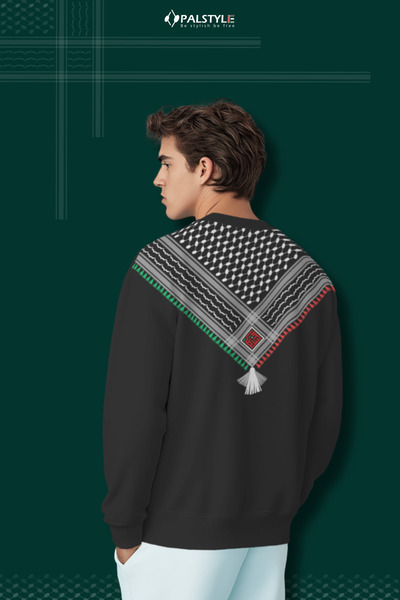 PALSTYLE Filistin Keffiyeh Desenli Unisex Beyaz - Seyah Sweatshirt Oversize