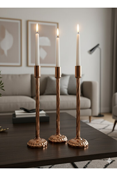 asellus 3’lü Bakır Metal Mumluk Seti – Dekoratif Uzun Şamdanlar