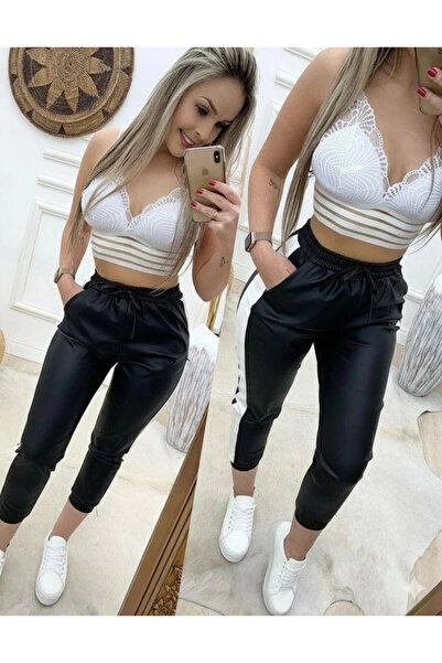Butik Women's High Waist Elastic Side Striped Detail Leather Trousers