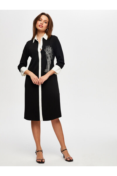 Faik Sönmez Nakış Detaylı Renk Bloklu Uzun Kollu Örme Elbise Faik Sönmez