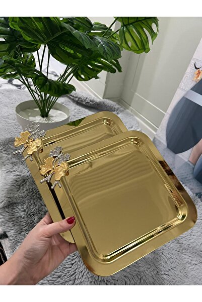 Fabrication 2'Li Kare Tek Taraflı Gold Kelebekli Titanyum Kaplama Sunum Tepsisi