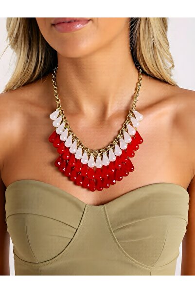 COCOSH TAKI Nar çiçeği kırmızı pembe taşlı gold renk çoklu kolye