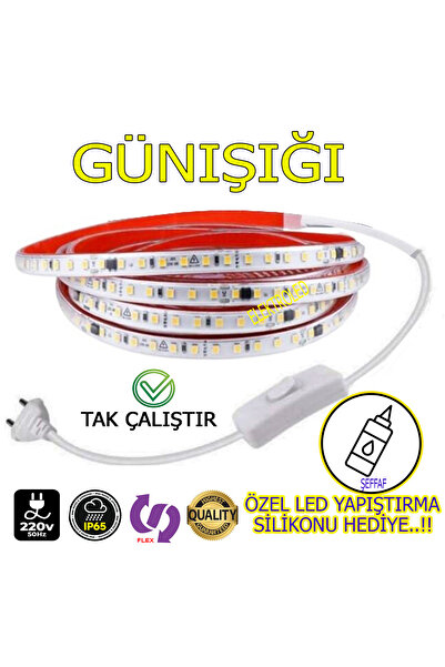 ELEKTROLED 220V Şerit LED  YÜKSEK IŞIK FİŞLİ VE ANAHTARLI GÜNIŞIĞI 14 METRE (...