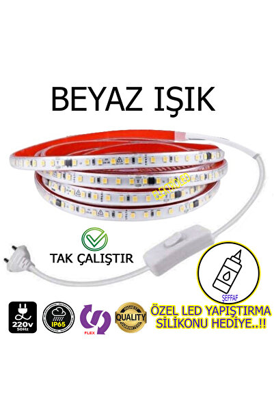 Genel Markalar 220V Şerit LED  YÜKSEK IŞIK FİŞLİ VE ANAHTARLI BEYAZ IŞIK 5 ME...