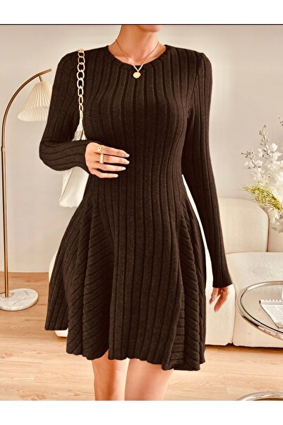 LUVIENNA Πλεκτό Μίνι Φόρεμα με μακριά μανίκια – Καφέ