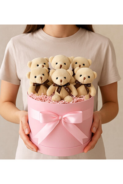 BUGİLİ Pembe Silindir Kutuda Krem Rengi Peluş Ayıcık Buketi
