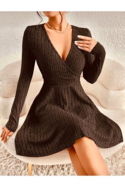 LUVIENNA V-Neck Long Sleeve Corded Fabric Knitted Mini Dress – Brown