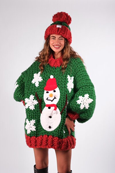 HEYAYS Snowman Hand Knitted Sweater Dress + Beanie Set