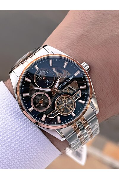 Daniel Klein Rose Silver Color Automatic&Self-Winding Moon and Sun Dial Dual Time Feature Men's Wristwatch Edk.14043.5