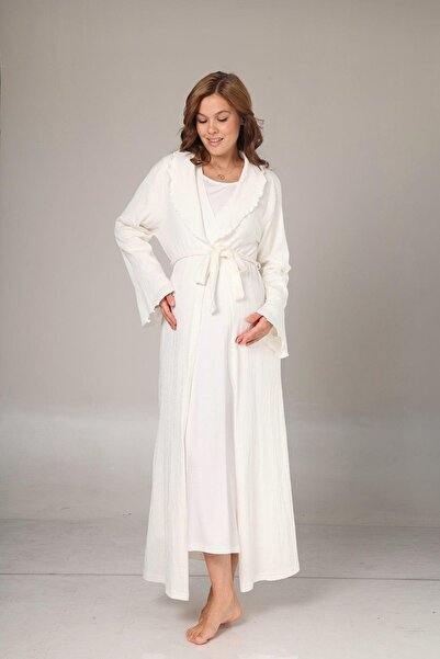 Lohussa طقم ثوب نوم للحوامل من القطن 100% بتصميم خاص من قماش الجاكار المكشكش