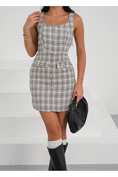 strivex Şanel Button Detailed Tweed Fabric Office and Casual White Gilet Dress